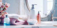 Bathing products in bathroom and spa shampoo with shower gel for cosmetics, by AI Generative.