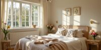 bedroom glowing in soft sunlight, bed neatly framed, bouquets of flowers placed everywhere, Generative AI